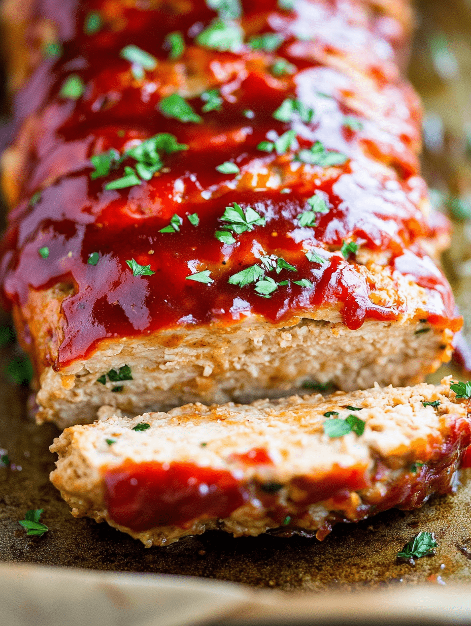 Sliced gluten-free turkey meatloaf topped with ketchup glaze and fresh parsley on a baking sheet.