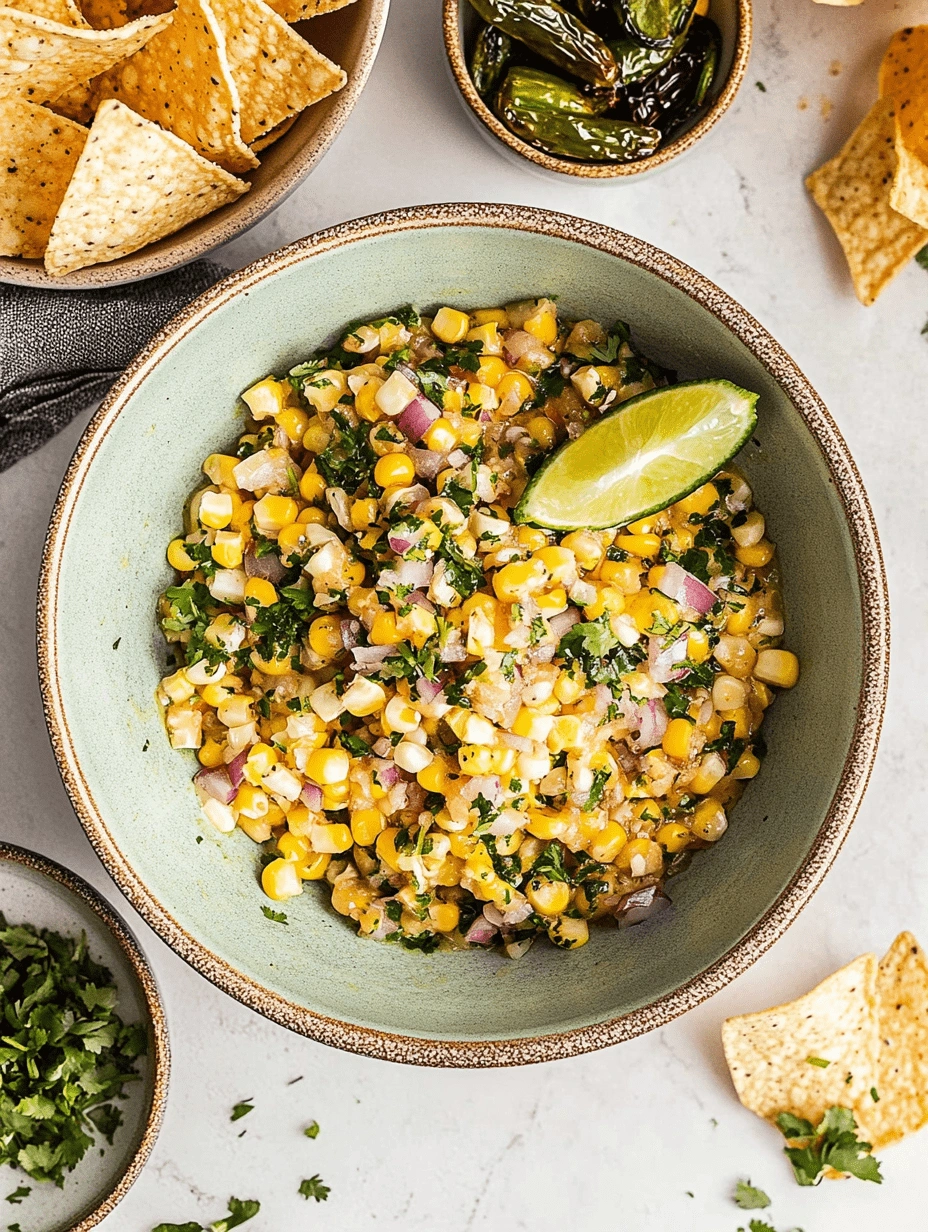 Overhead view of roasted chili corn salsa in a rustic bowl with fresh lime, tortilla chips, and bowls of roasted peppers and cilantro