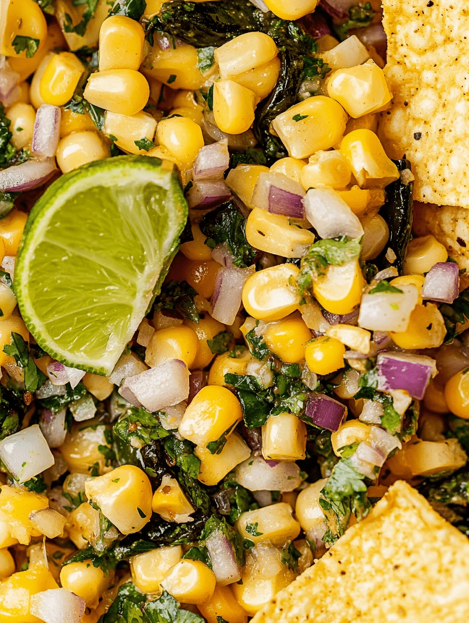 Close-up of roasted chili corn salsa with lime wedge, red onions, fresh cilantro, and tortilla chips.