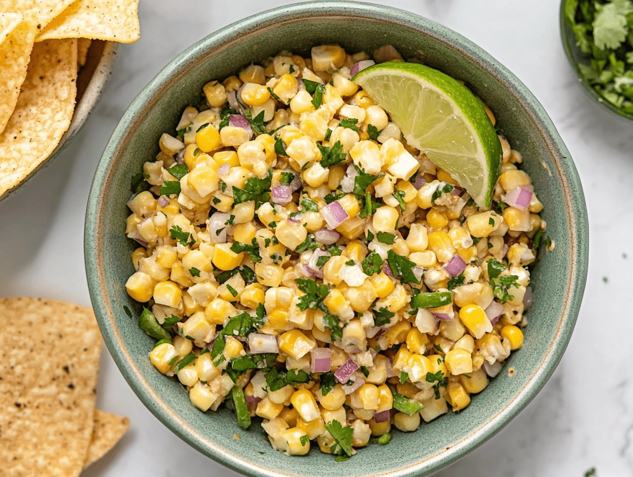 Bowl of roasted chili corn salsa with lime wedge, fresh cilantro, red onions, and tortilla chips on a white marble background.