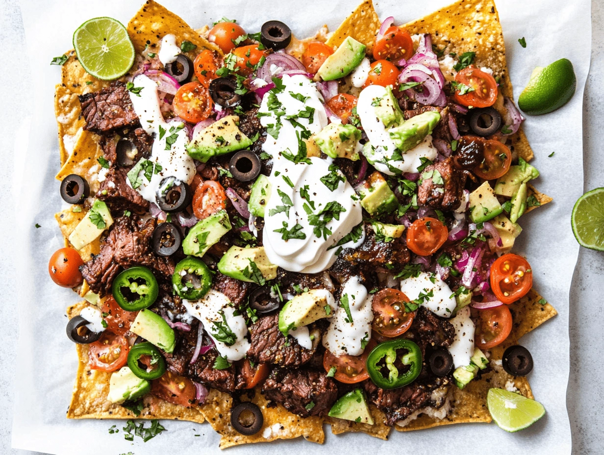 Loaded steak nachos with avocado, tomatoes, jalapeños, olives, red onions, sour cream, and cilantro on tortilla chips.