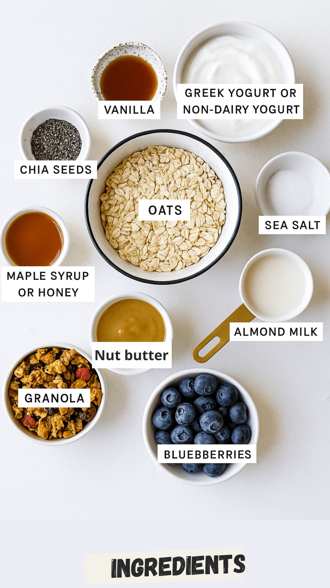 Labeled ingredients for blended overnight oats including oats, yogurt, almond milk, blueberries, granola, nut butter, maple syrup, vanilla, chia seeds, and sea salt