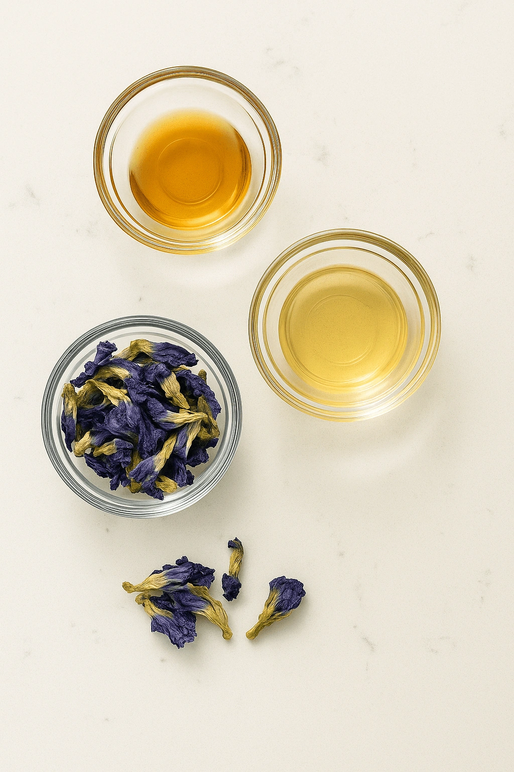 Top-down view of glass bowls containing butterfly pea flowers, honey, and vinegar on a white surface, Natural Mounjaro Recipe concept.