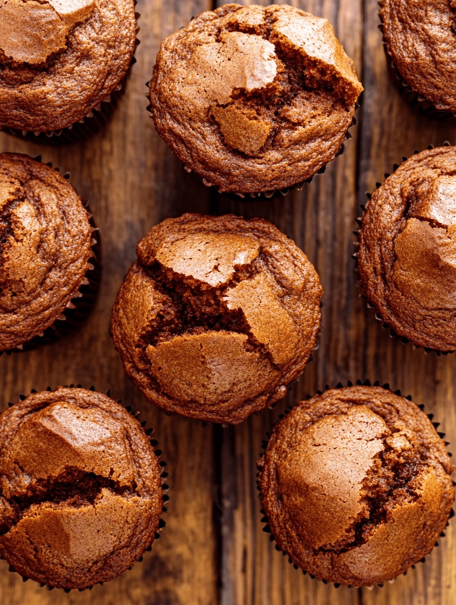Top-down close-up of gluten-free pumpkin muffins with cracked tops on a rustic wooden table.