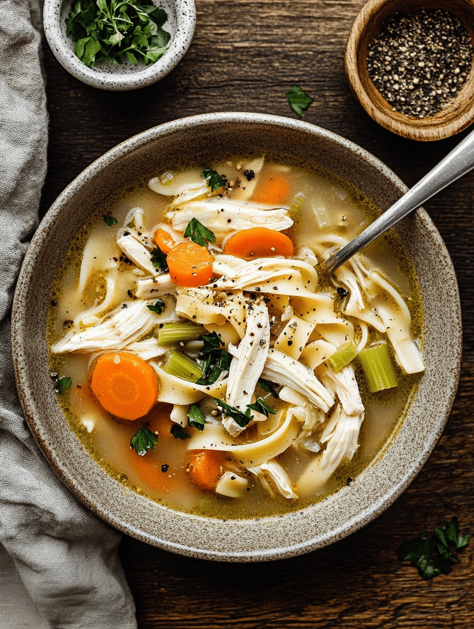 Top-down view of a bowl filled with gluten-free egg noodles, chicken, carrots, and celery in a light broth, surrounded by parsley and pepper bowls on a wooden table.