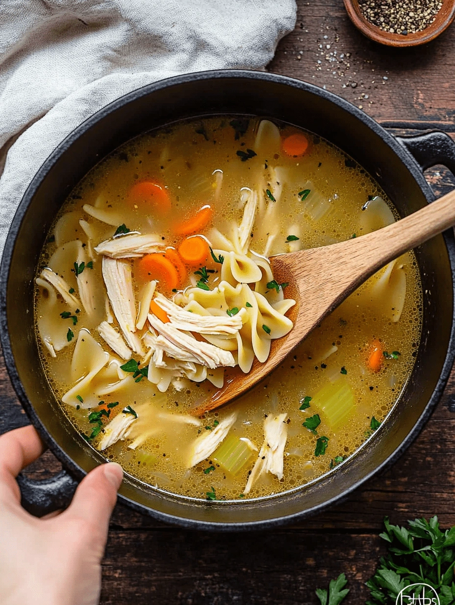 Dutch oven filled with gluten-free egg noodle soup, featuring shredded chicken, carrots, celery, and parsley, with a wooden spoon scooping the contents.