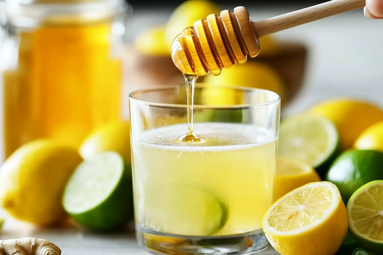 4 Ingredient Mounjaro Recipe – Step-by-step process showing lemon, ginger, and honey being mixed into a detox drink