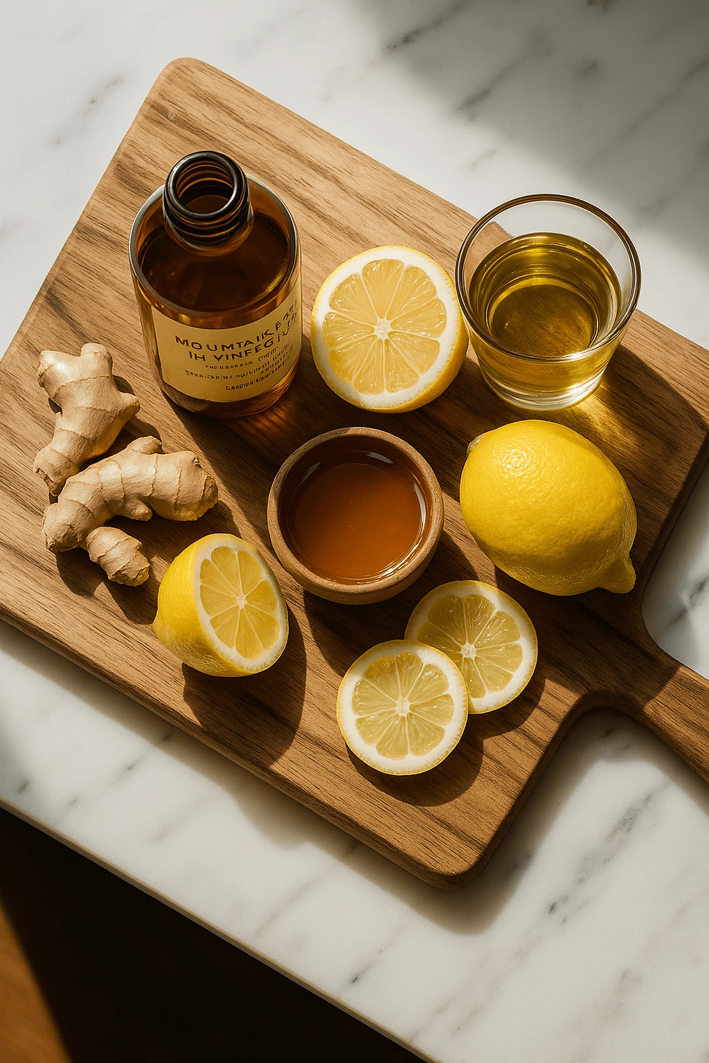 Flat lay of Natural Mounjaro Recipe ingredients including lemon, fresh ginger, honey, and apple cider vinegar on a wooden cutting board.