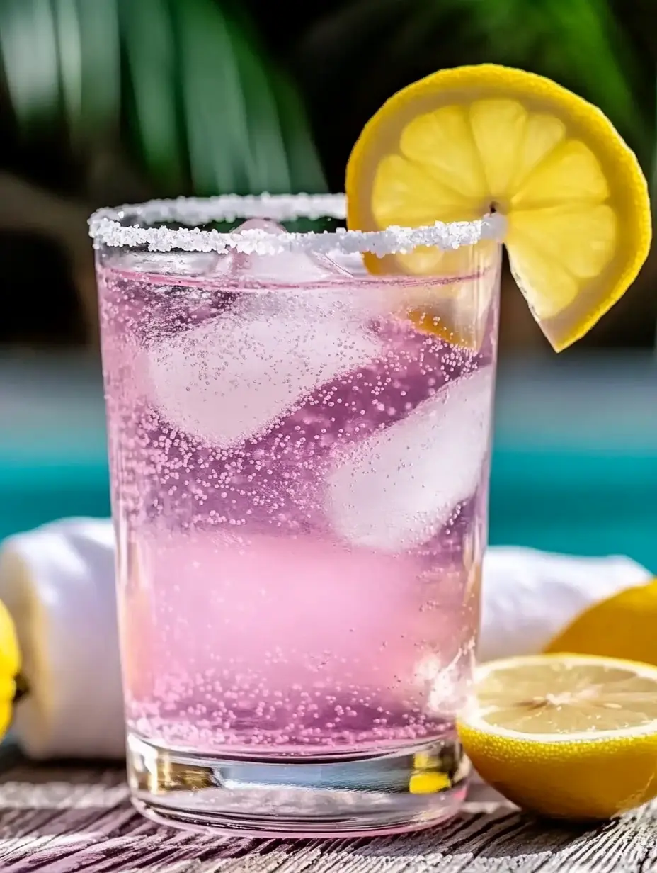 Chilled pink lemon drink with ice, lemon slice, and salted rim in a clear glass