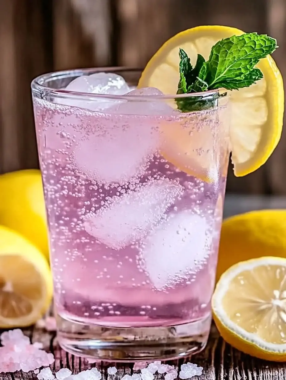 Glass of pink salt detox water with lemon slice, mint garnish, and pink Himalayan salt crystals