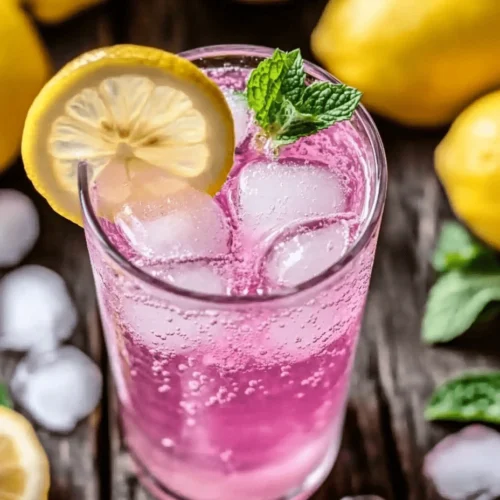 Glass of pink sparkling drink with ice, lemon, and mint, inspired by the Pink Salt Trick Recipe