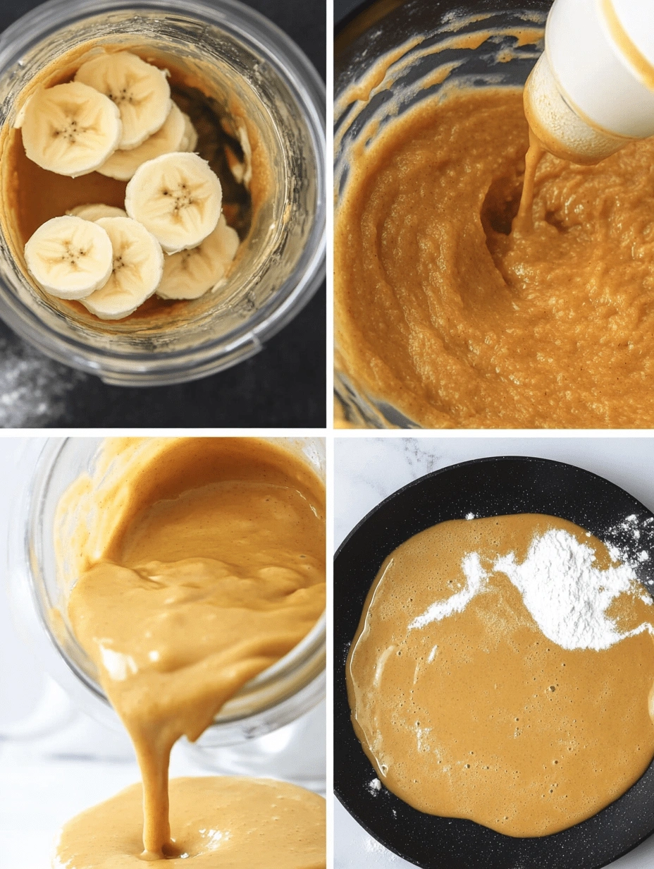 Four-step process of making pumpkin banana pancake batter from blending to pan