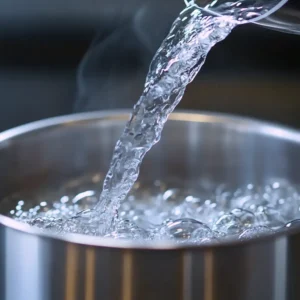 Water pouring into a boiling stainless steel pot, always showing the preparation step for Lemon Balm for Weight Loss tea.