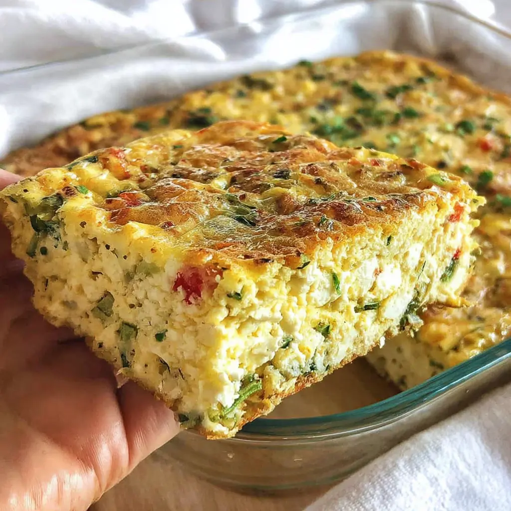 Hand holding a golden, fluffy slice of high protein egg bake with cottage cheese, filled with herbs and peppers over a glass baking dish.