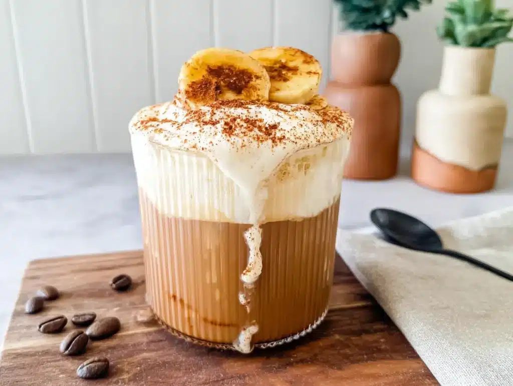 Banana Bread Latte with frothy milk overflowing and banana slices on top