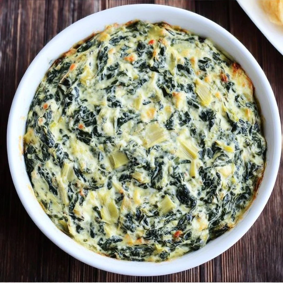 Creamy spinach artichoke dip served in a bowl with tortilla chips on the side.