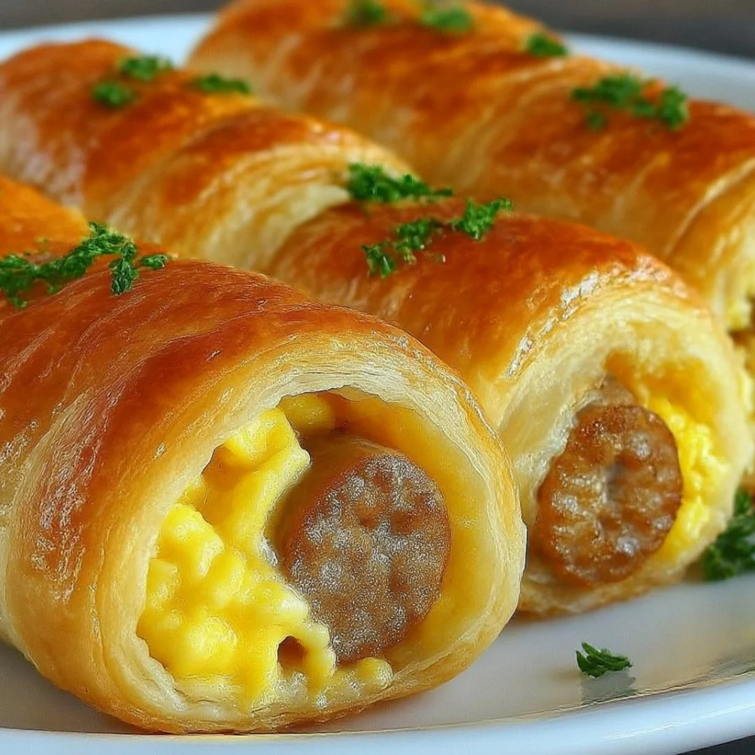 Sausage egg breakfast roll-ups on a plate, ready to eat.