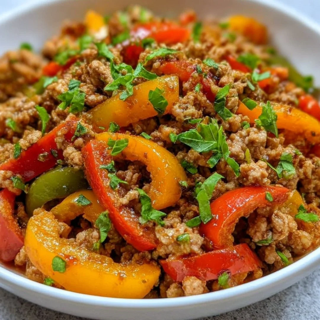 Ground turkey and peppers dish served in a cozy setting.