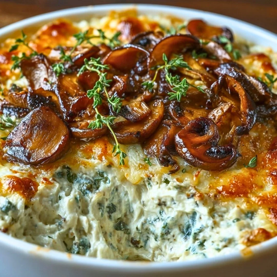 Creamy stuffed mushroom dip served in a bowl, garnished with herbs.