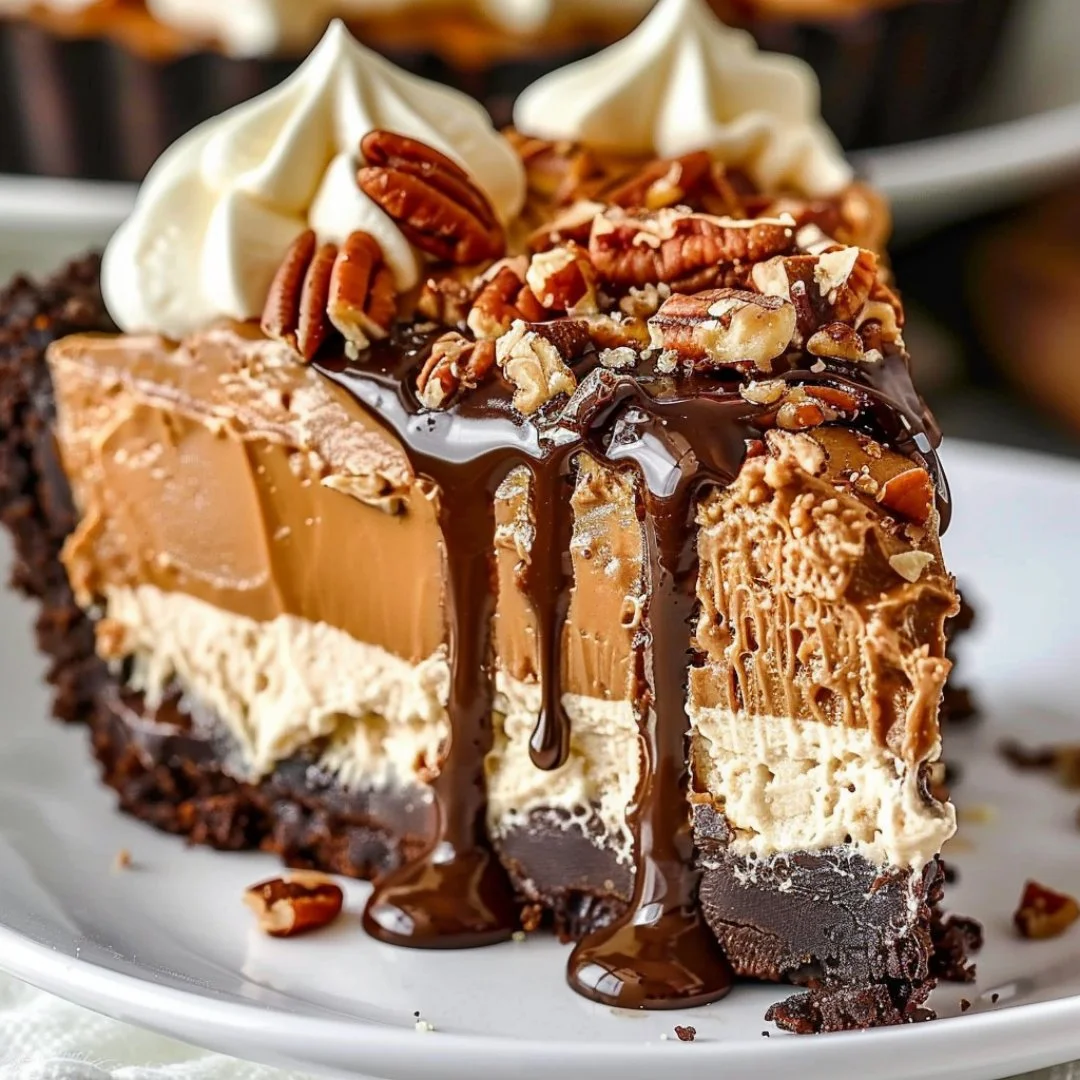 No-bake German chocolate pie topped with chocolate and coconut