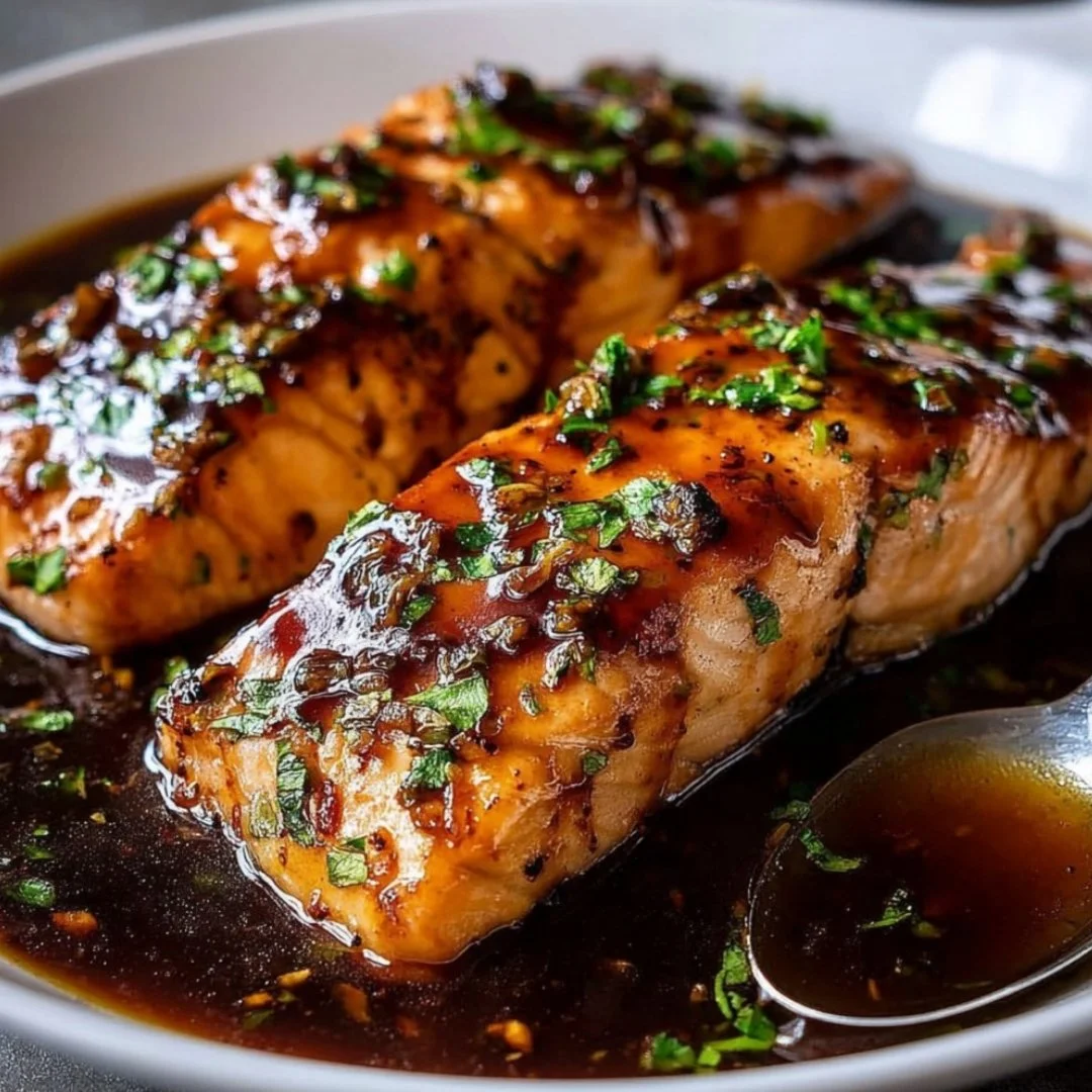 Honey Garlic Salmon dish garnished with herbs on a plate