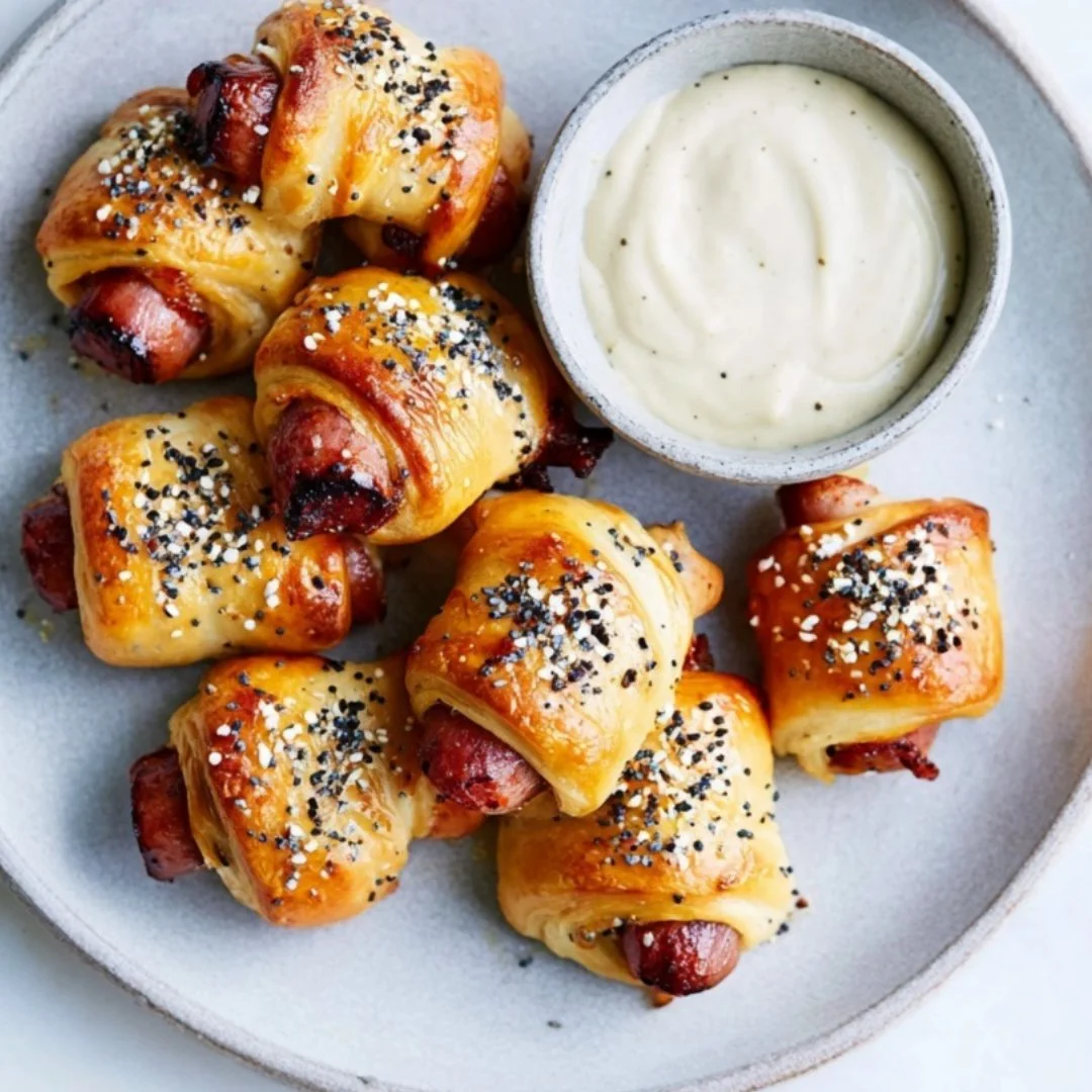 Homemade pigs in a blanket with dipping sauces served on a platter.