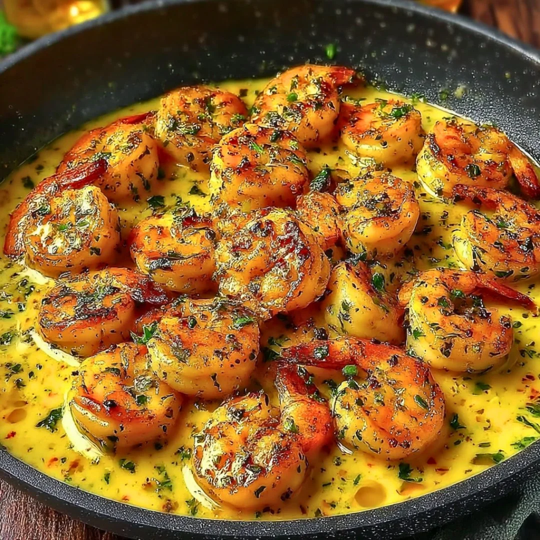 Shrimp cooked in garlic and coconut milk served in a bowl