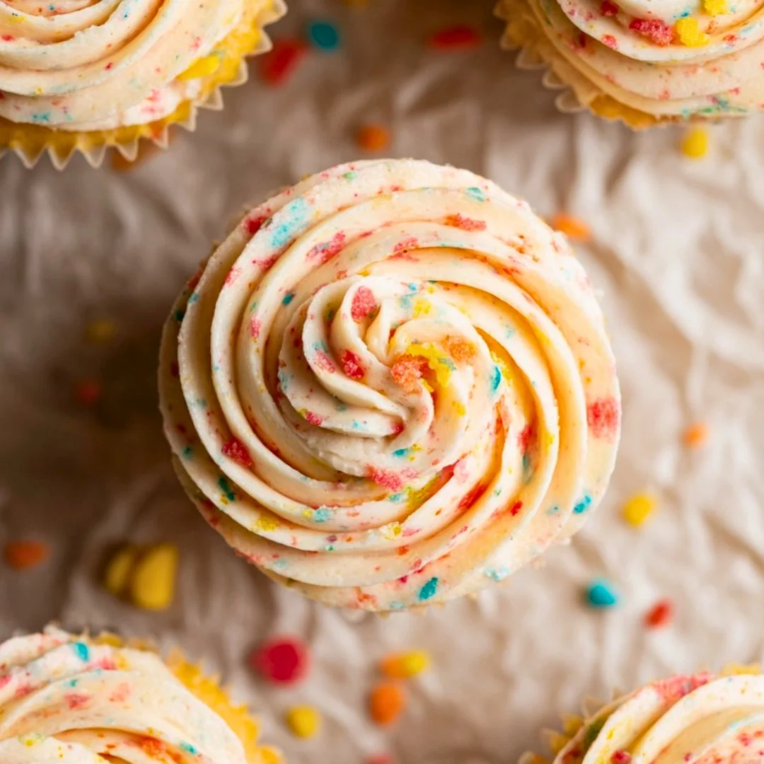 Vibrant Fruity Pebbles frosting on colorful cupcakes