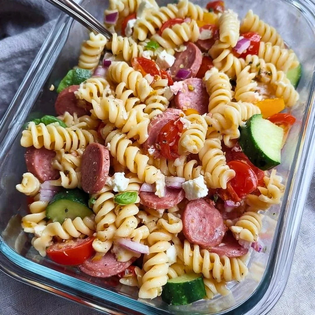 High Protein Italian Pasta Salad with colorful vegetables and protein-rich ingredients