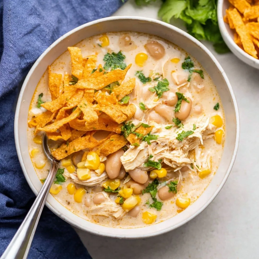 Delicious bowl of best white chicken chili topped with cilantro and cheese