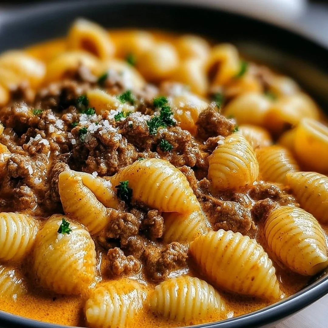 Delicious creamy beef and shells served in a bowl with herbs