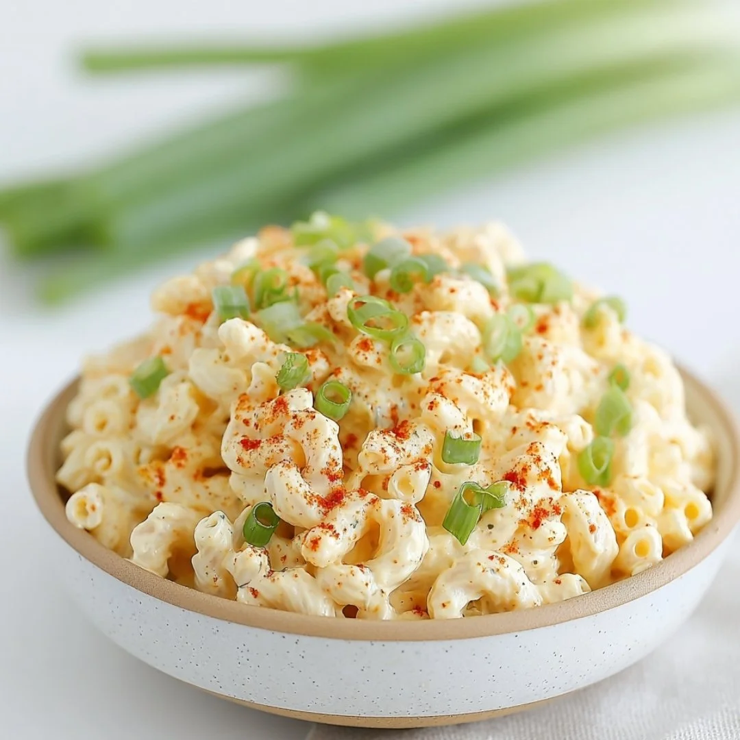 Delicious Deviled Egg Pasta Salad in a fresh bowl, ideal for gatherings.