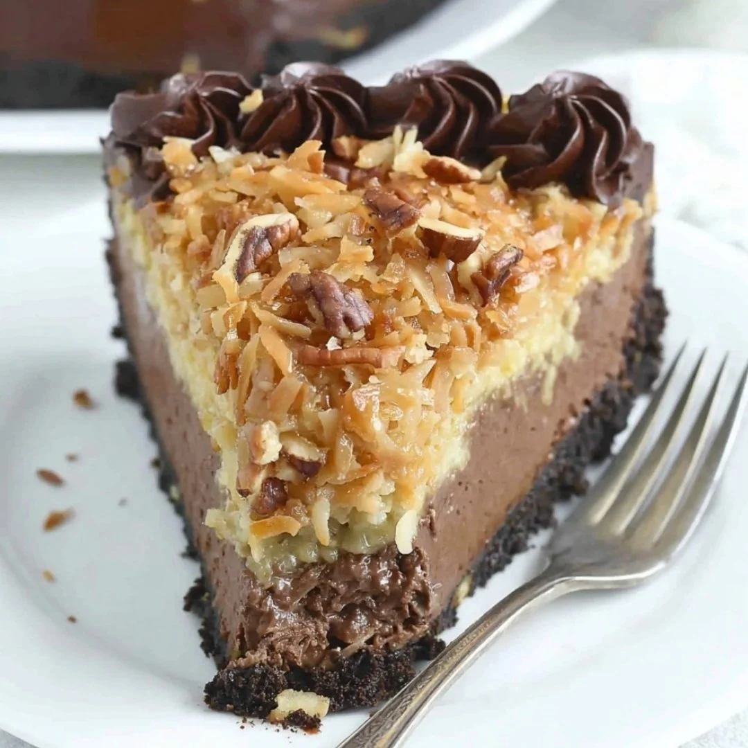 Slice of German Chocolate Cheesecake topped with coconut and pecan frosting
