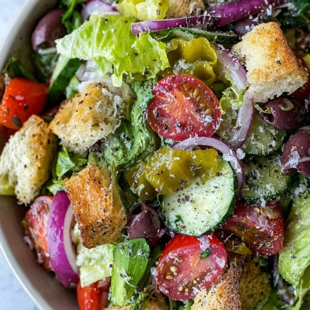 A colorful Italian Salad featuring fresh vegetables, herbs, and cheese.