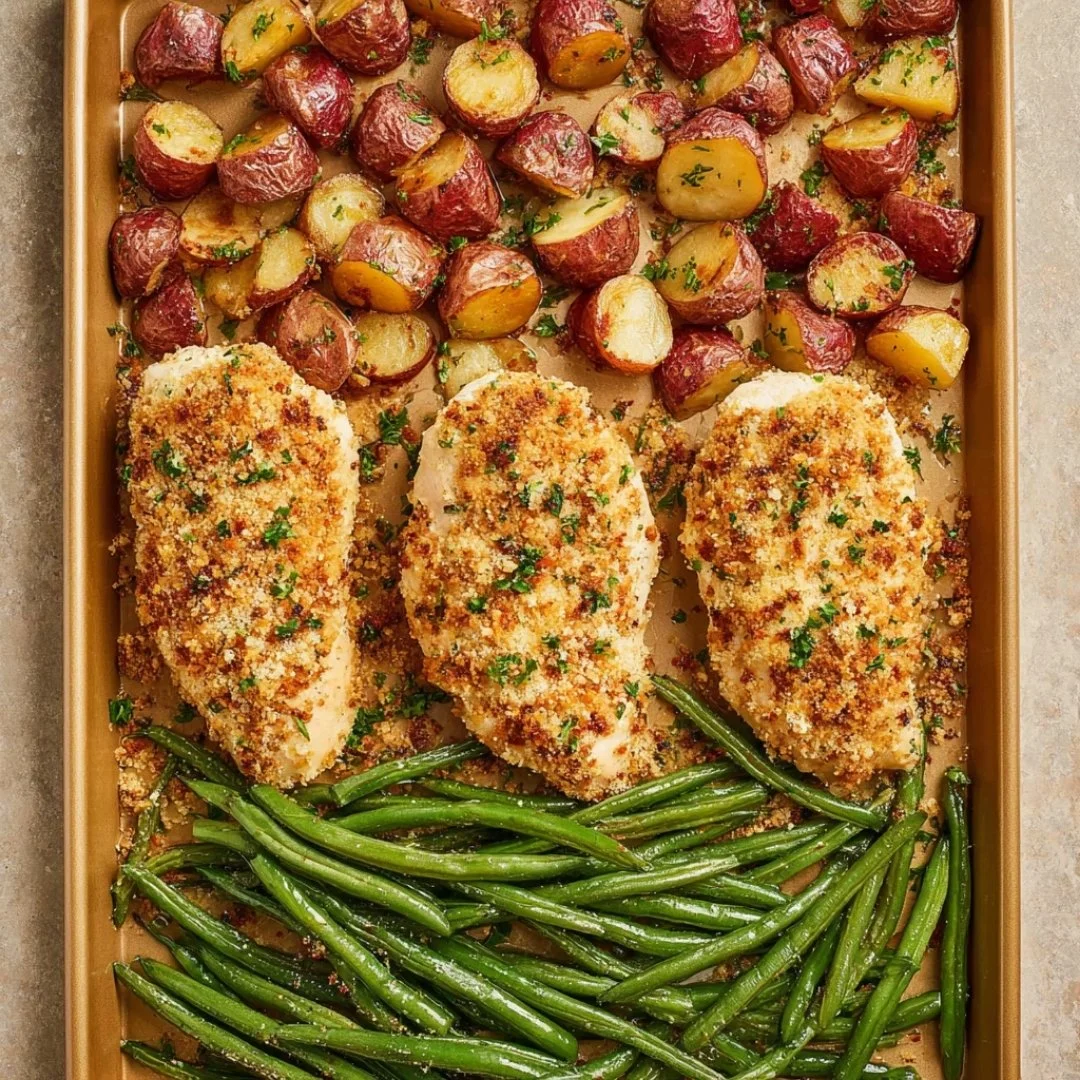 Parmesan Crusted Chicken Sheet Pan Dinner with vegetables and a golden crust