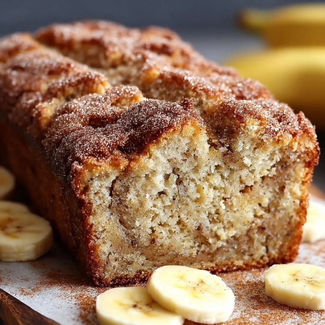 Freshly baked snickerdoodle banana bread with cinnamon sugar topping