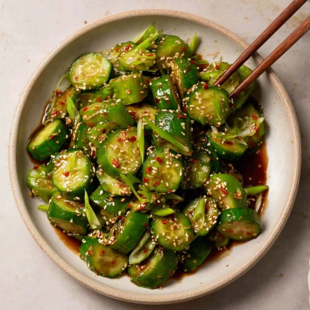 Delicious spicy cucumber salad served in a bowl, garnished with herbs.
