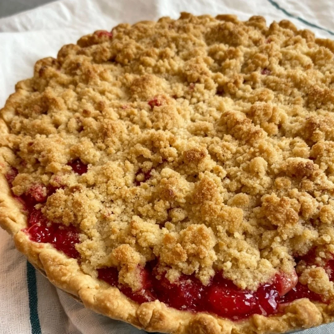 Homemade Strawberry Rhubarb Pie topped with crispy crumb, served on a rustic table.